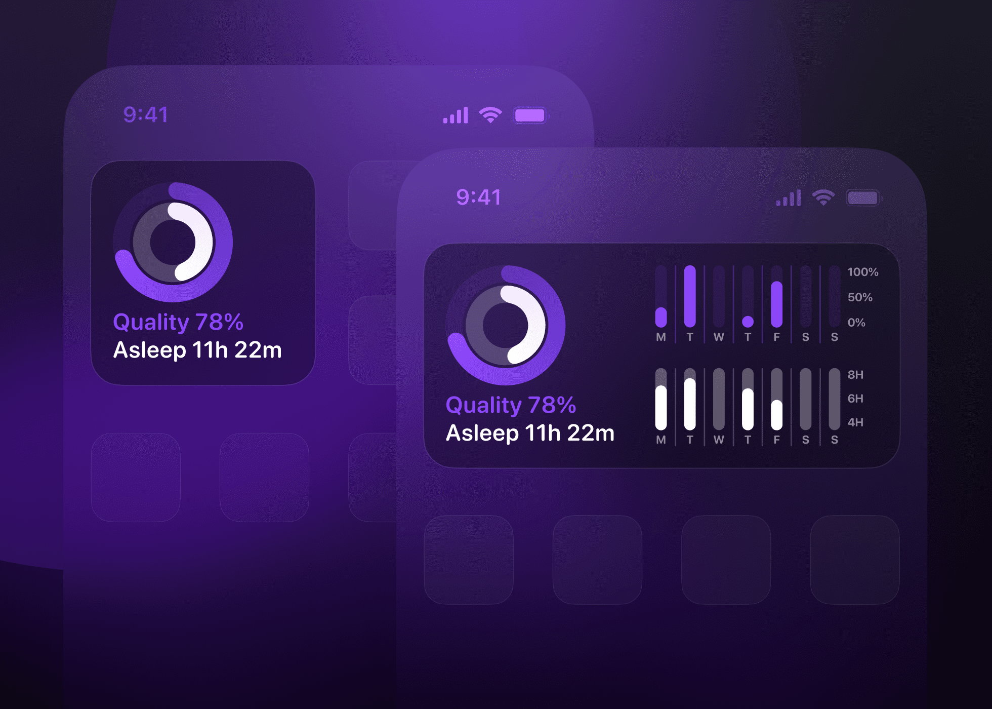 Screenshot of the medium-sized Sleep Rings Widget displaying daily and weekly sleep metrics.