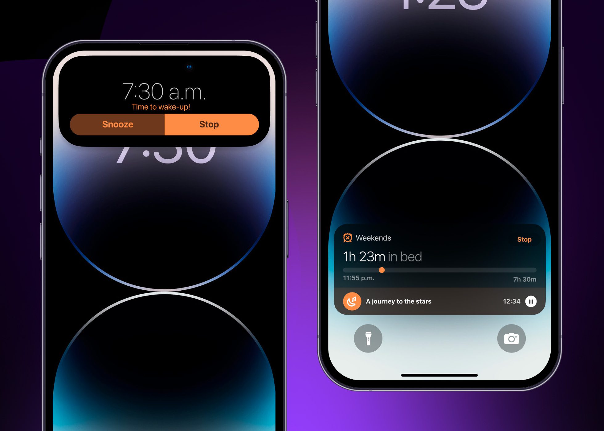 Image of two iPhone device. One of them displays the expanded view of Pillow's Live Activity on the Dynamic Island.