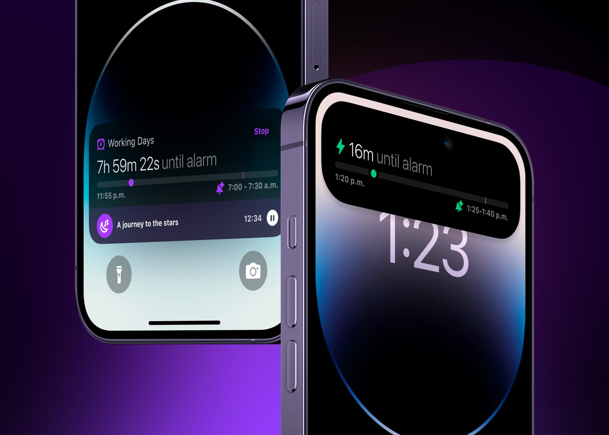 Image of two iPhone devices that display Pillow's Live Activities